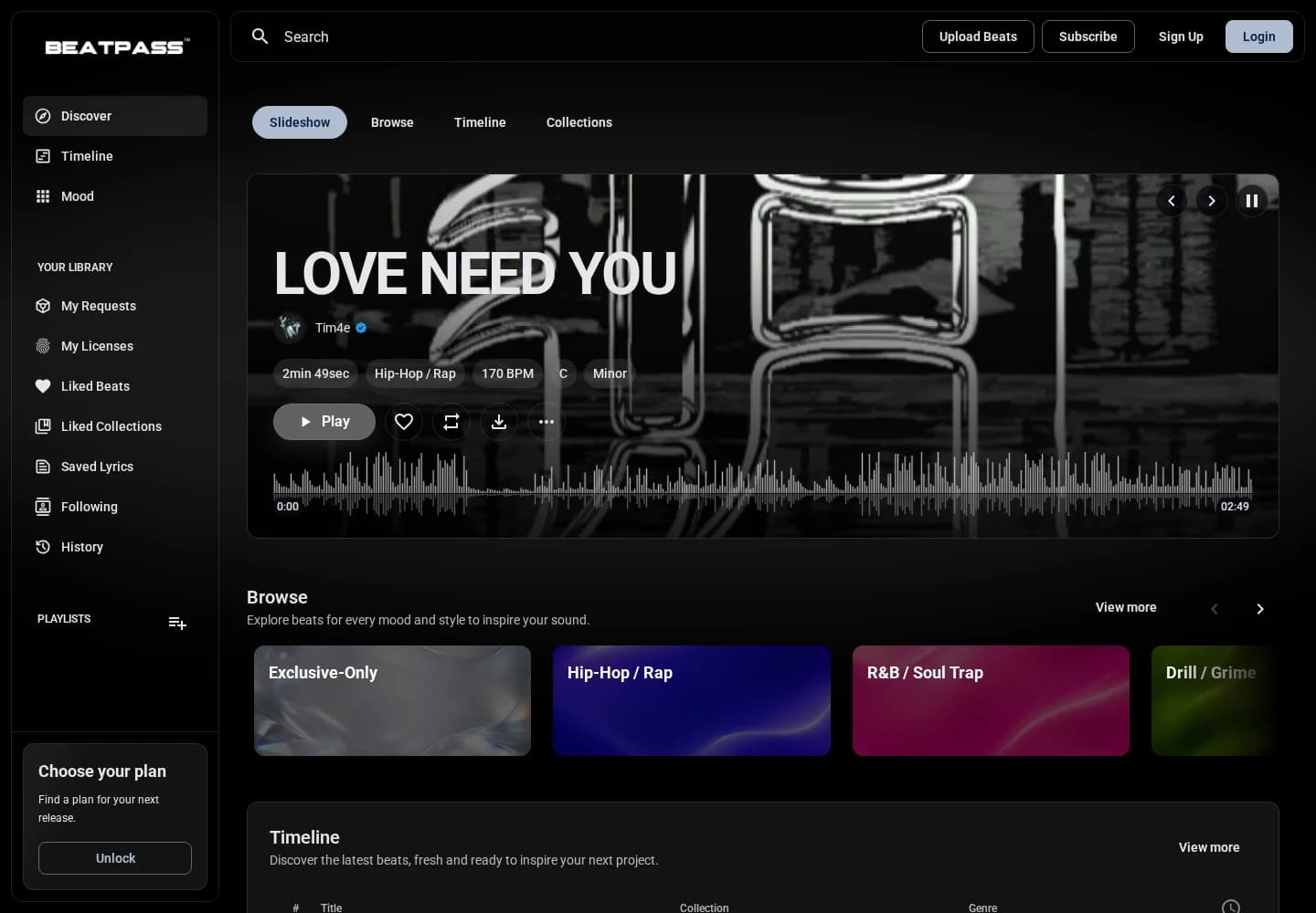 BeatPass’s live music discovery interface with a featured track, waveform and catalog navigation